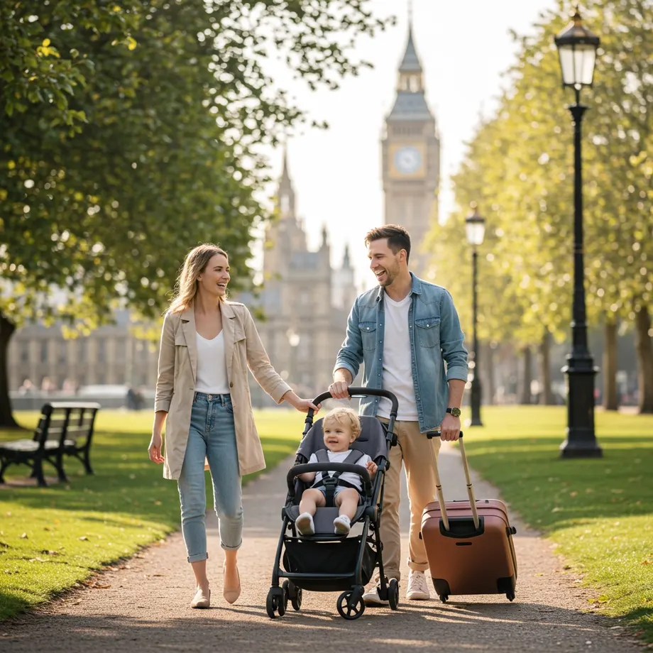 Family arriving in London with a toddler in a rented stroller